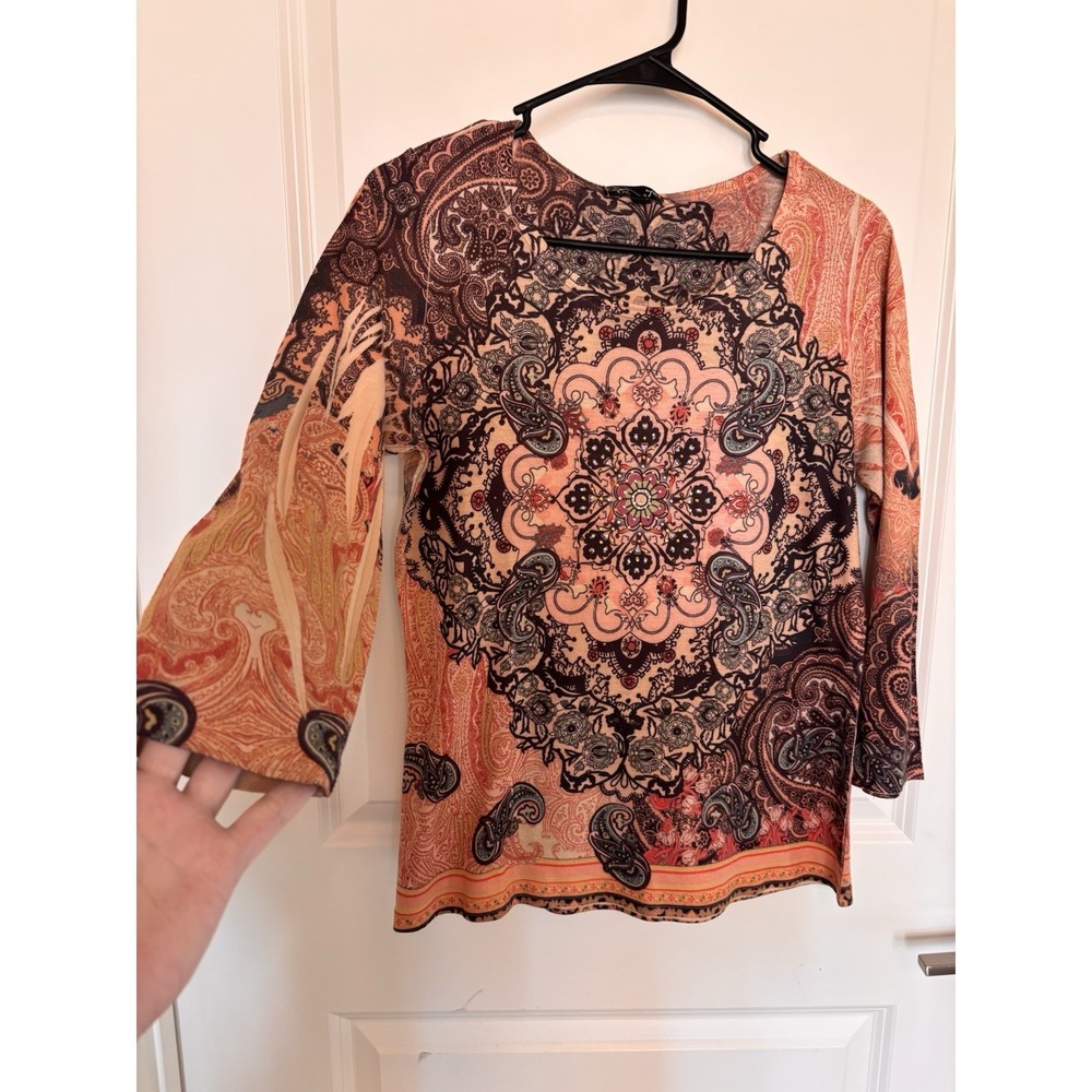 Y2K Whimsigoth Boho Paisley Blouse M Petite Rhinestone 3/4 Sleeve Fairy Grunge